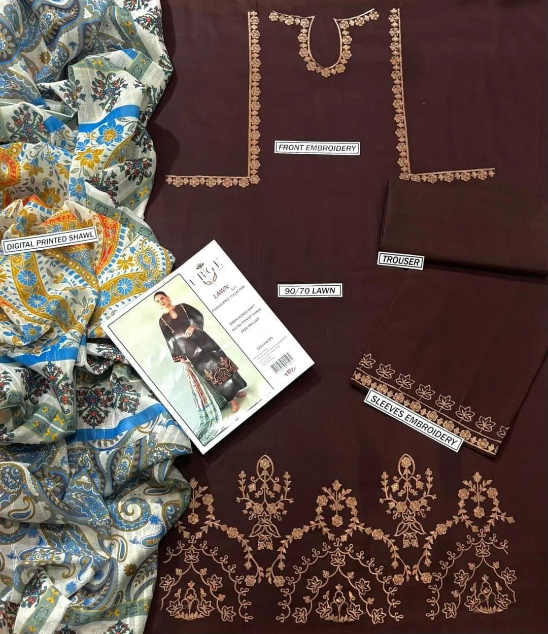 Lawn 3-Piece Suit with Gold Embroidery & Digital Print - Image 2