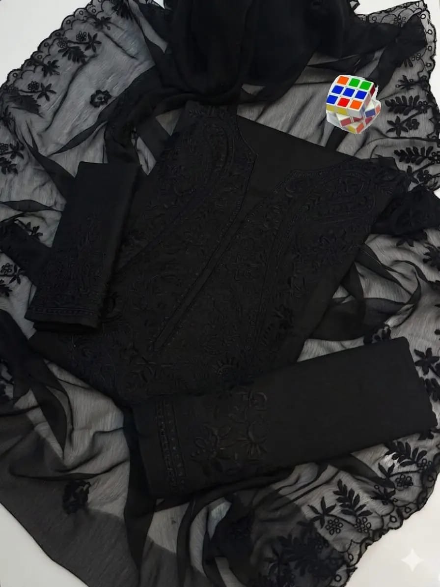 3 Pcs Women's Unstiched Chikankari Embroidered Suit - Image 6