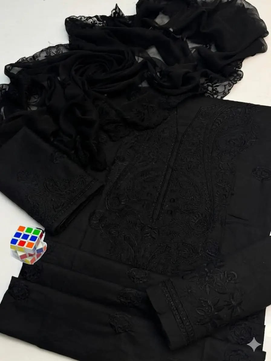 3 Pcs Women's Unstiched Chikankari Embroidered Suit - Image 5