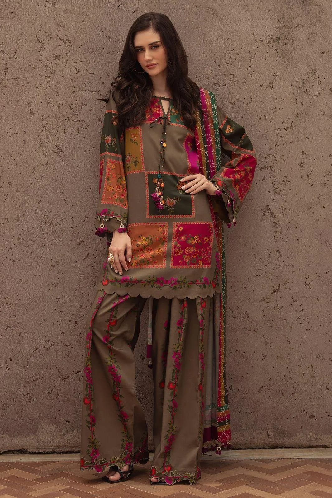 Lawn 3-Piece Printed Suit Brown - Floral Special Wear - Image 4