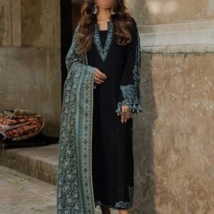Lawn 3-Piece Black Embroidered Shirt with Blue Digital Print Dupatta