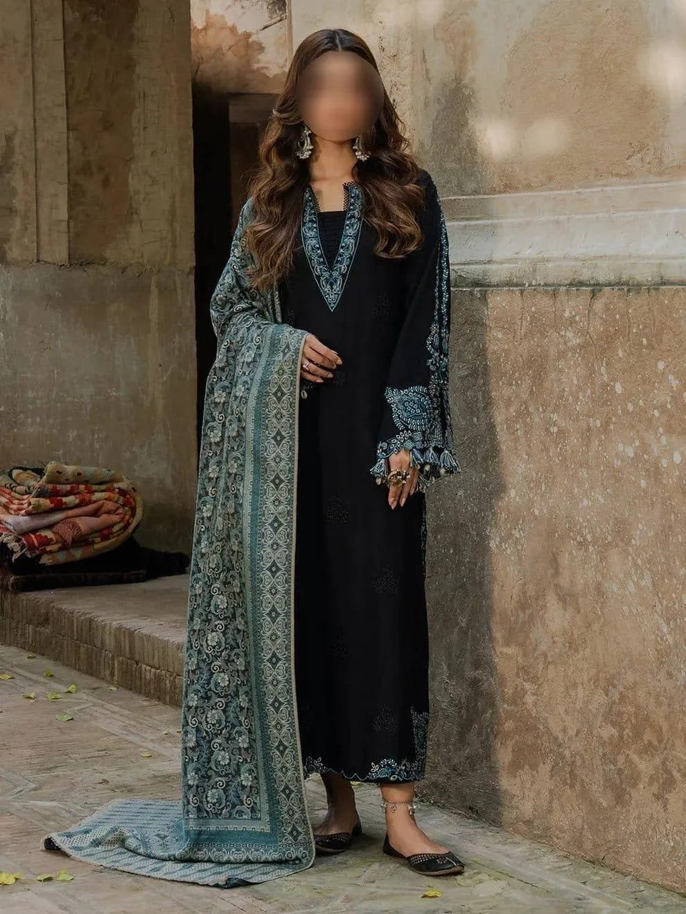 Lawn 3-Piece Black Embroidered Shirt with Blue Digital Print Dupatta