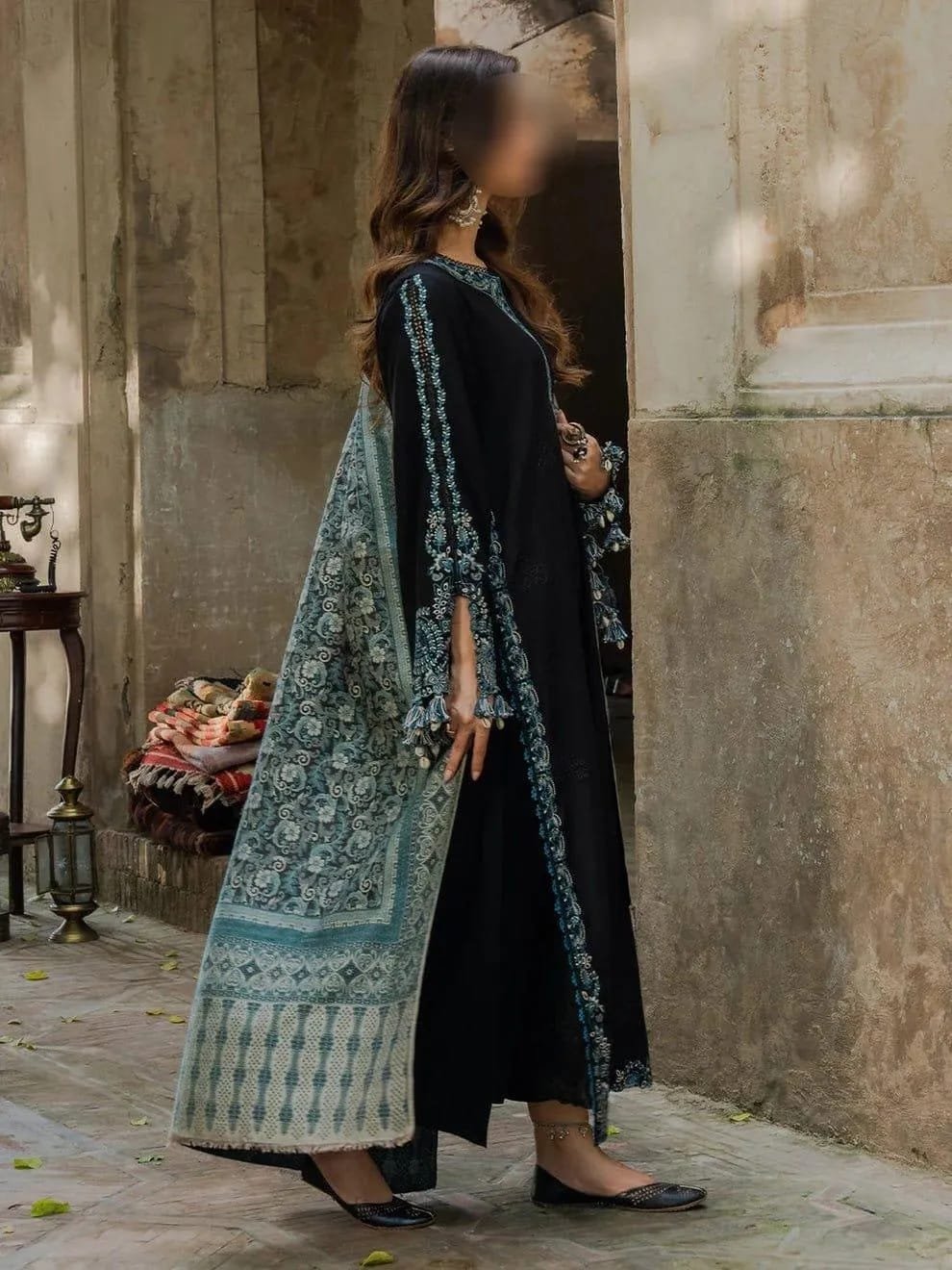 Lawn 3-Piece Black Embroidered Shirt with Blue Digital Print Dupatta - Image 3