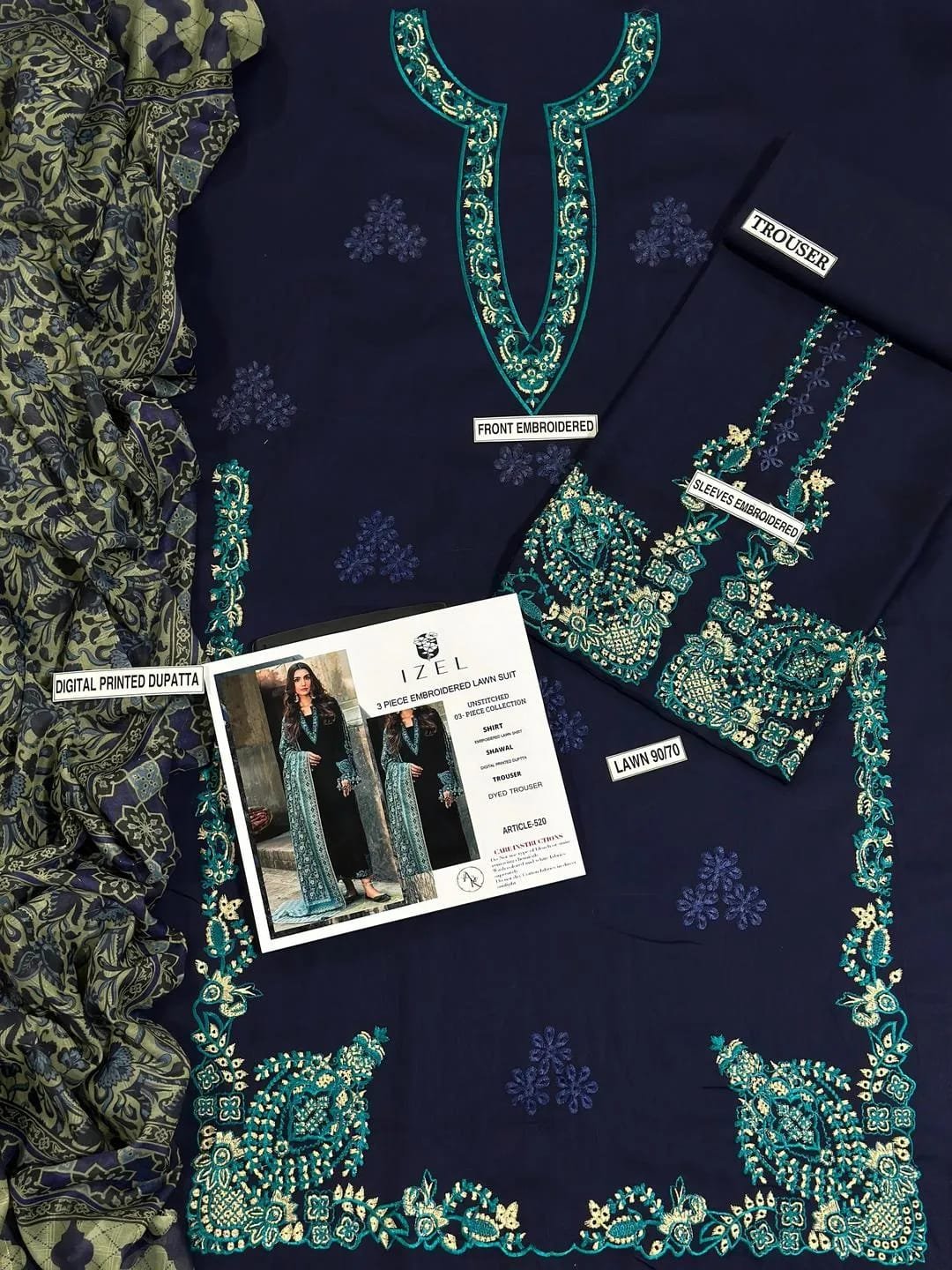 Lawn 3-Piece Black Embroidered Shirt with Blue Digital Print Dupatta - Image 4