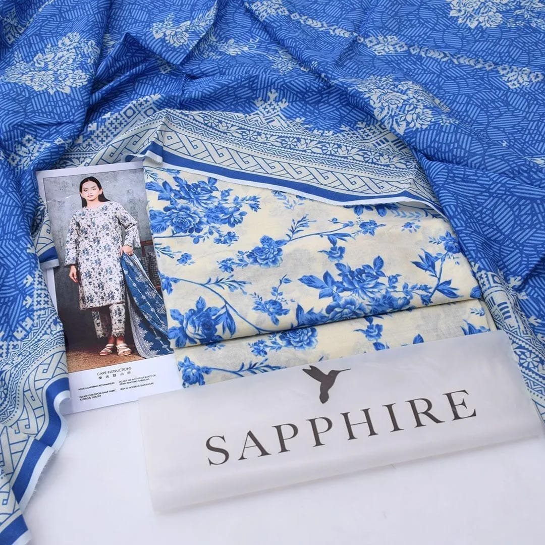 Lawn Sapphire 3Pcs Unstitched Printed Lawn Suit Blue Floral - Image 2