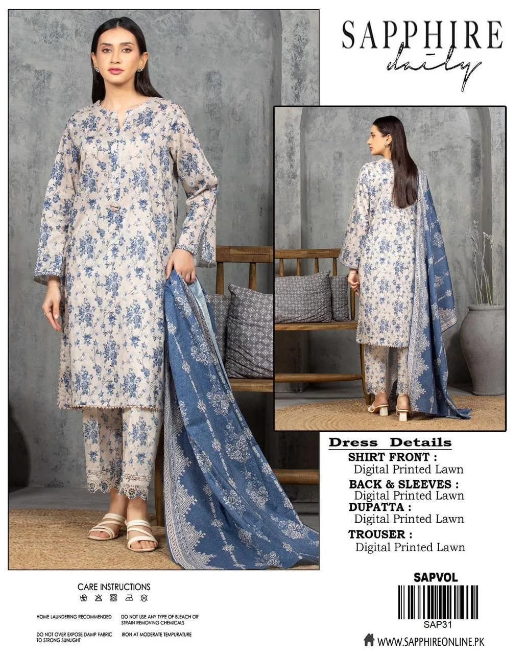 Lawn Sapphire 3Pcs Unstitched Printed Lawn Suit Blue Floral