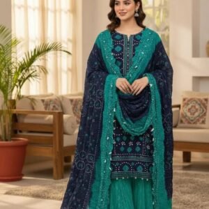 Linen 3-Piece Unstitched Printed Suit Green Navy Blue