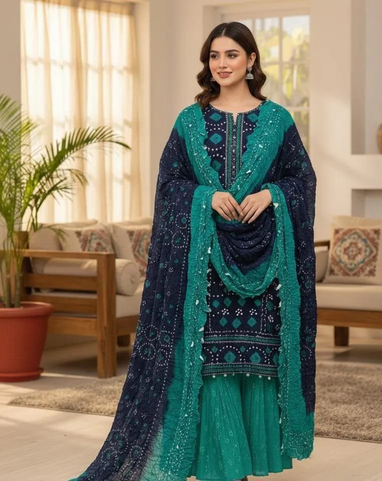 Linen 3-Piece Unstitched Printed Suit Green Navy Blue