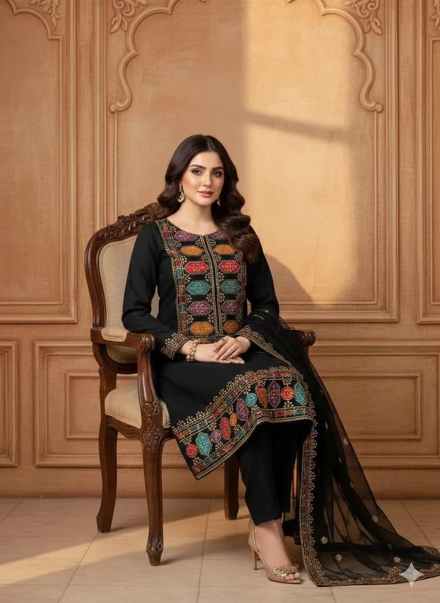 Black Sequin Embroidered 3-Piece Suit for Women - Image 2
