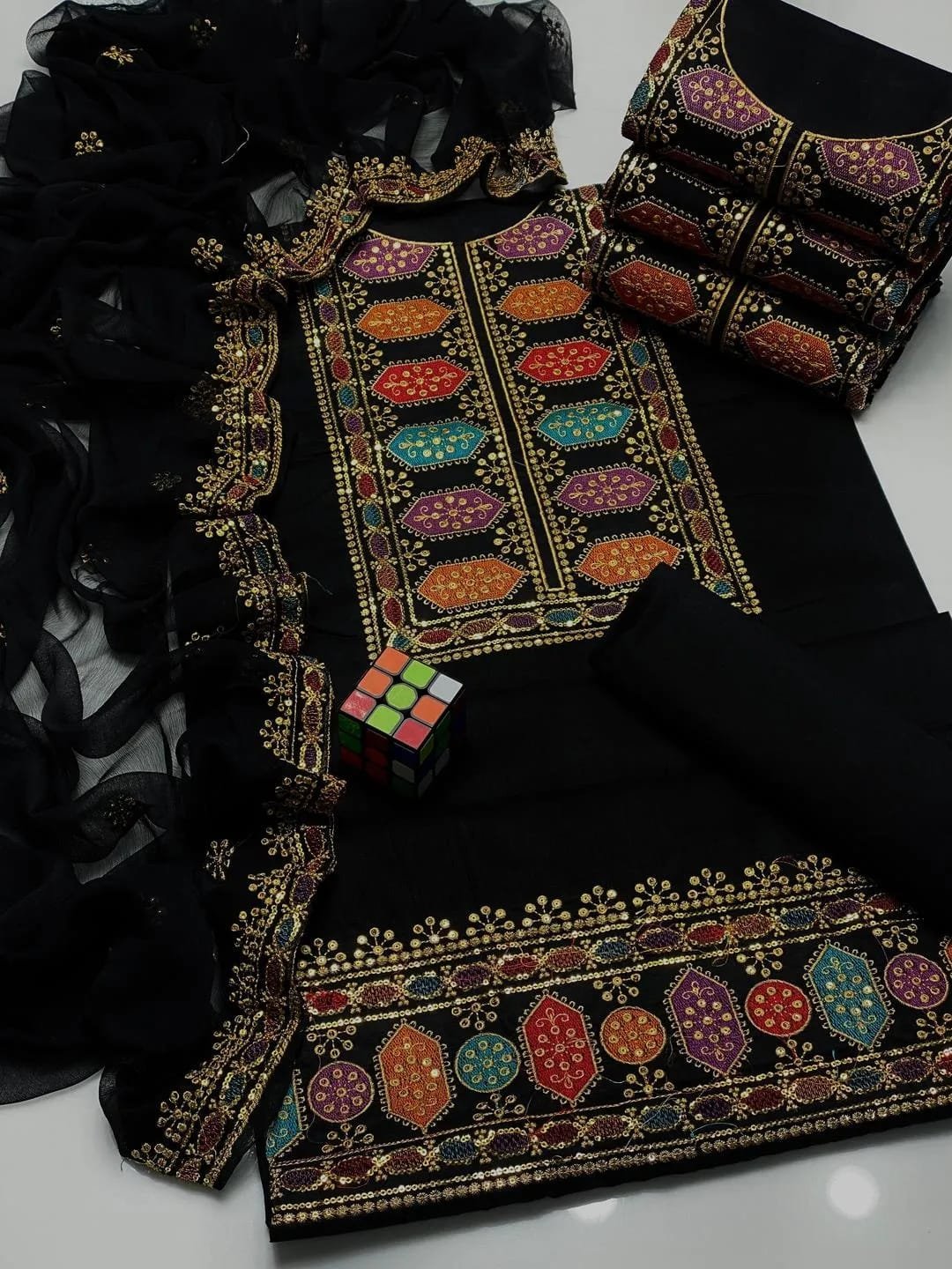 Black Sequin Embroidered 3-Piece Suit for Women - Image 5